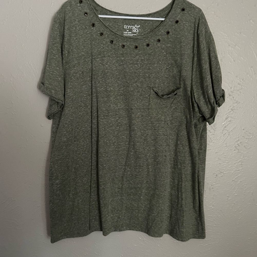 Terra & Sky Olive Short Sleeve Tee with Stud Detail
